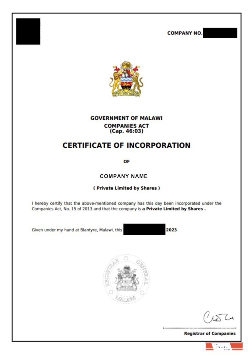 Malawi Certificate of Incorporation